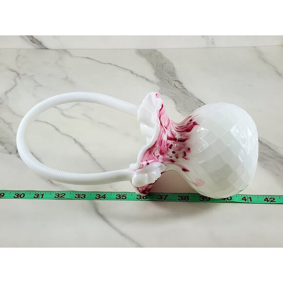 Vase Ruffled Rime w/ Face on Handle 11" Art Milk Glass Basket 80's White Pink - Picture 15 of 16
